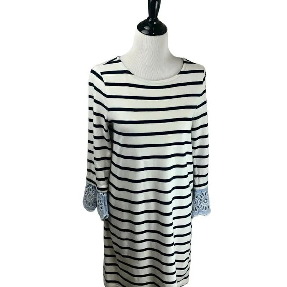 Beach Lunch Lounge Dress, Stetch Knit, Long Sleeves Stripes, White Blue, Medium - Picture 1 of 7